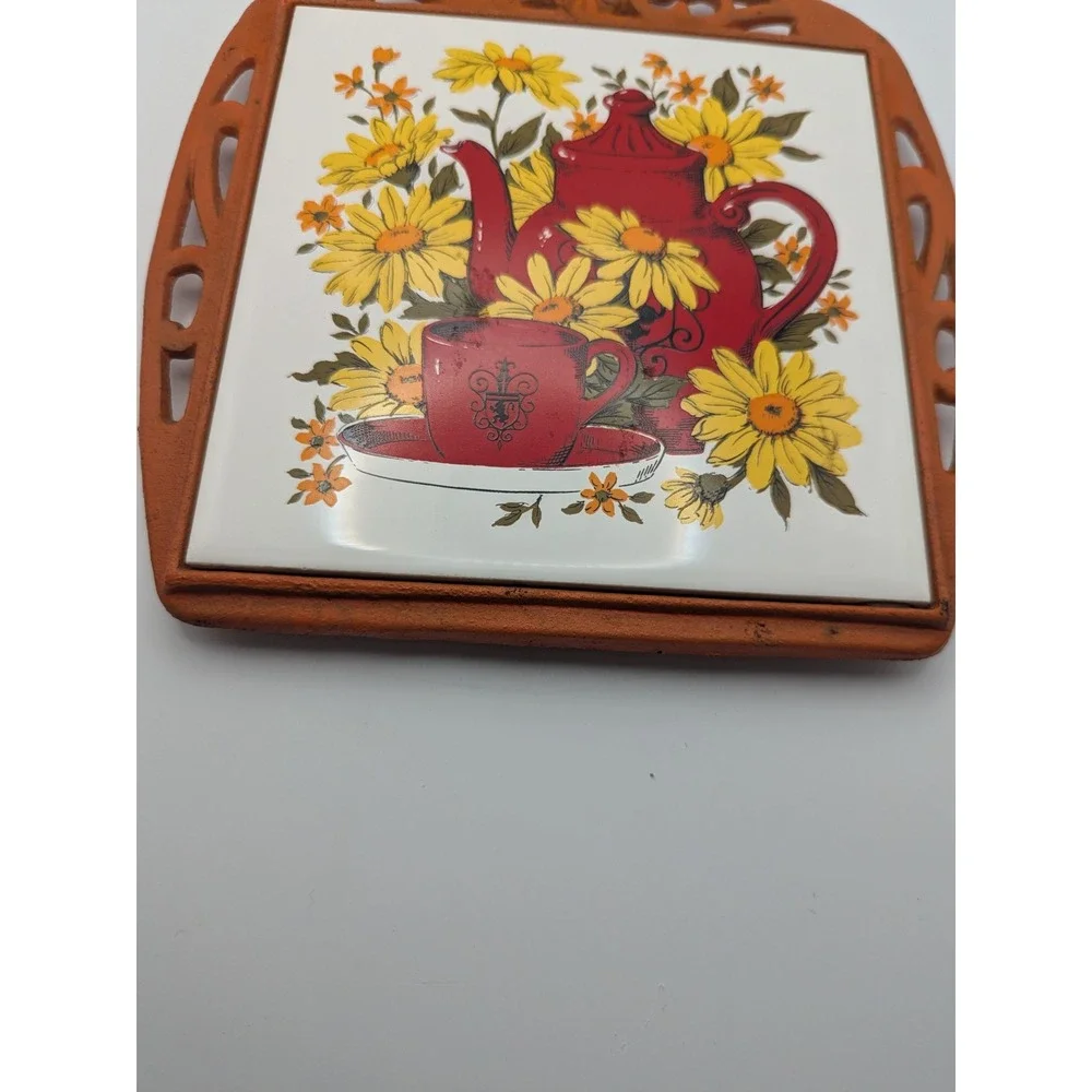 Vintage Orange Cast Iron Trivet‎ Hot Pad Red Teapot Yellow Floral FM Japan